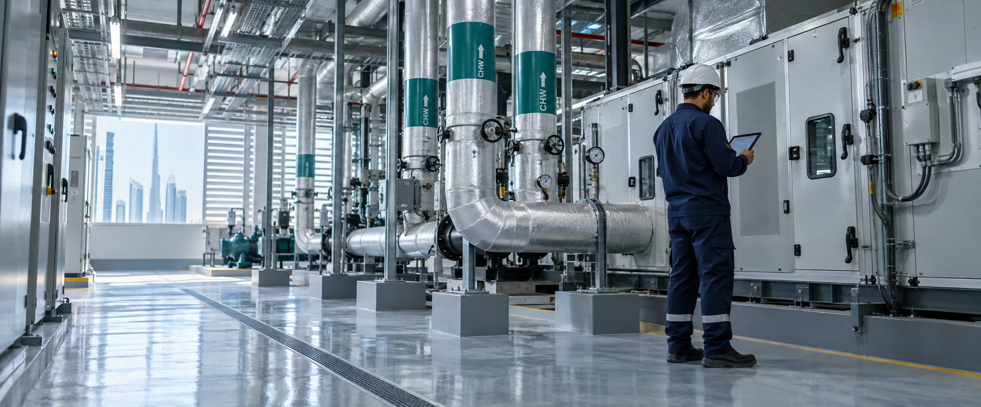 Technician inspecting HVAC equipment in a modern mechanical plant room