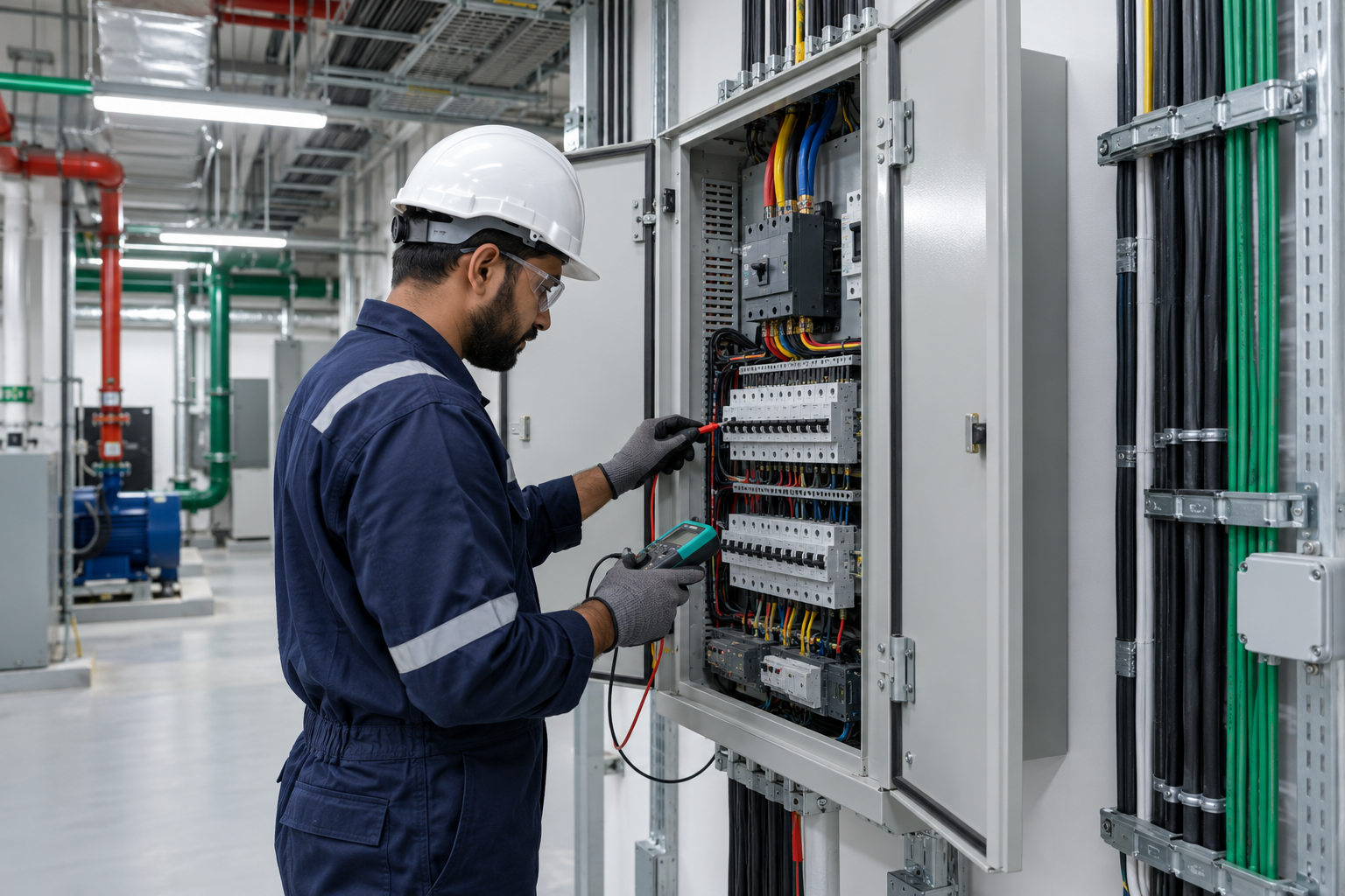 Technician safely inspecting an electrical distribution panel
